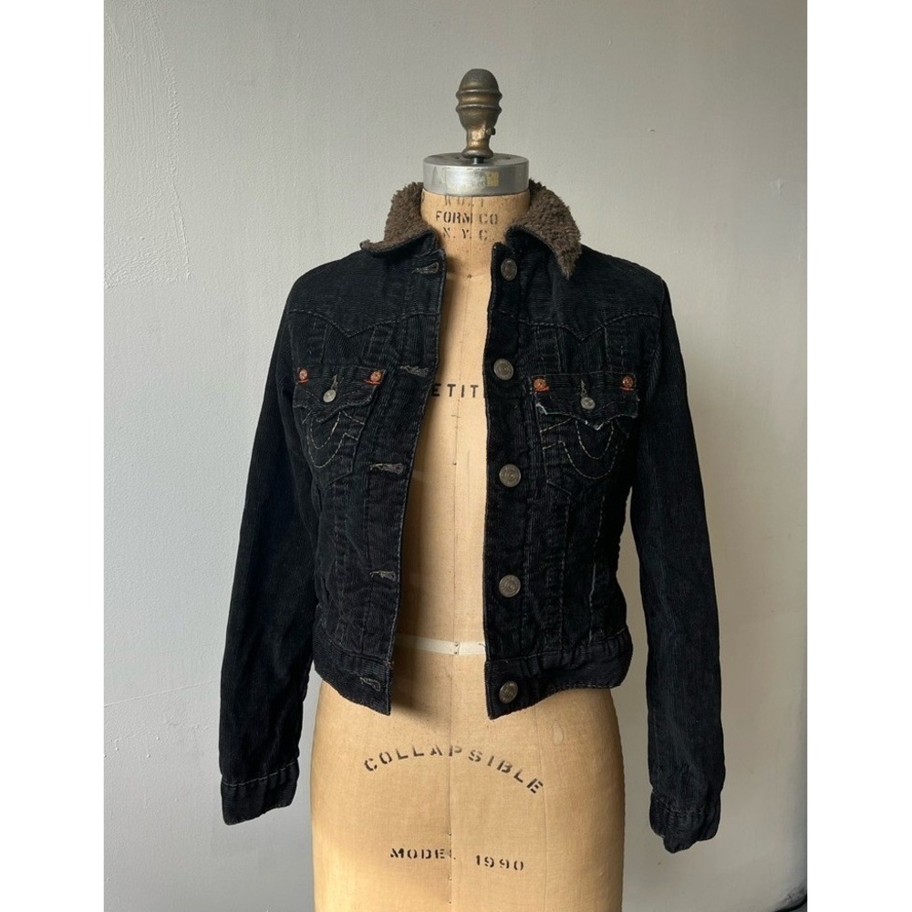 True Religion Black Corduroy Sherpa Lined Trucker Jacket Small Horseshoe Stitch